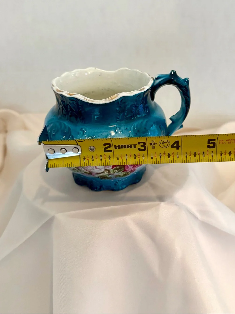Vintage Turquoise Ironstone Creamer with Pink Rose Motif